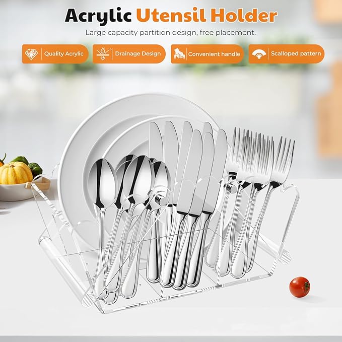 Scalloped Silverware Organizer. Acrylic Utensil Caddy.Heavy-Duty Countertop - Image 2