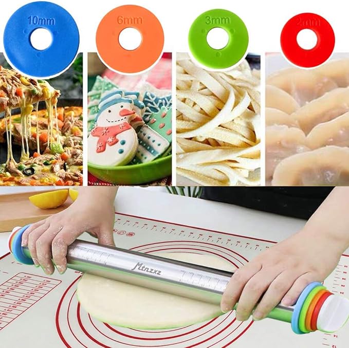 Rolling Pin and Silicone Baking Pastry Mat Set, Stainless Steel Dough Roller - Image 3