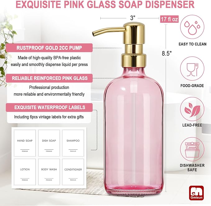 GMISUN Pink Soap Dispenser Bathroom, 2 Pack Kitchen Hand and Dish Soap - Image 3