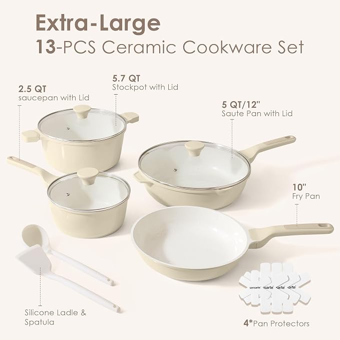 SENSARTE Nonstick Ceramic Cookware Set Large-Size 13-Piece, Healthy Pots and - Image 2