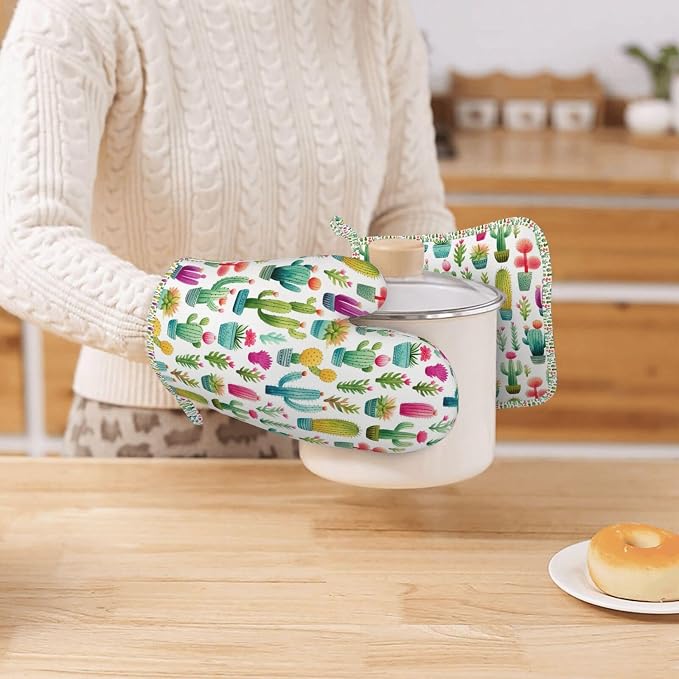 Oven Mitts and Pot Holders Set, Cactus Pattern Watercolor Silicone Kitchen - Image 7