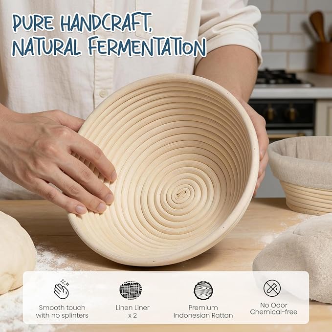 RORECAY Bread Banneton Proofing Basket Set, 9 Inch Round & 10 Inch Oval Cane - Image 2