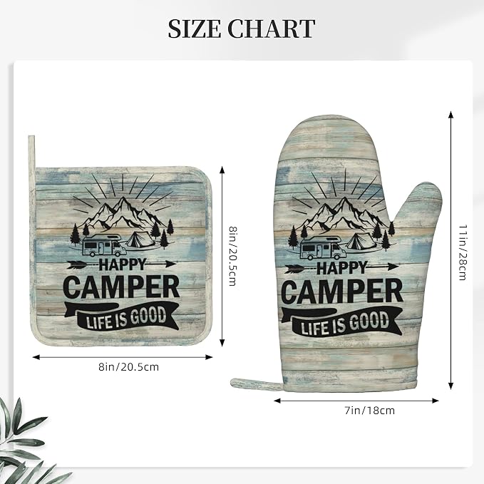 Happy Camper Oven Mitts and Pot Holders Sets of 4, Resistant Hot Pads - Image 3