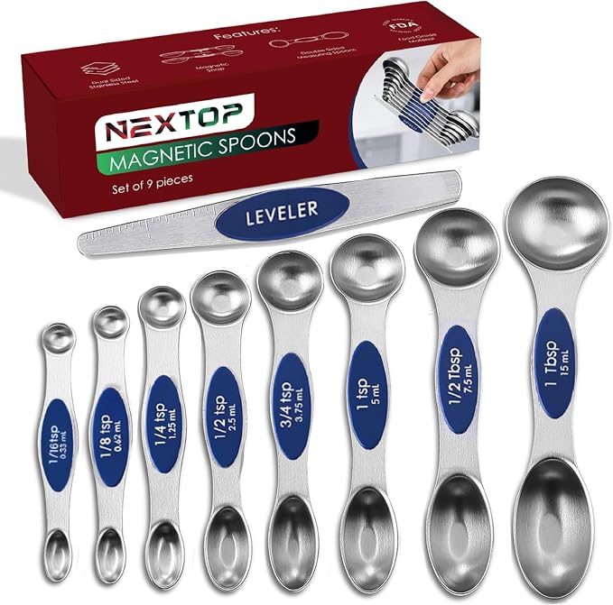 Magnetic Measuring Spoons Set of 9 Stainless Steel Dual-Sided Stackable by Nextop