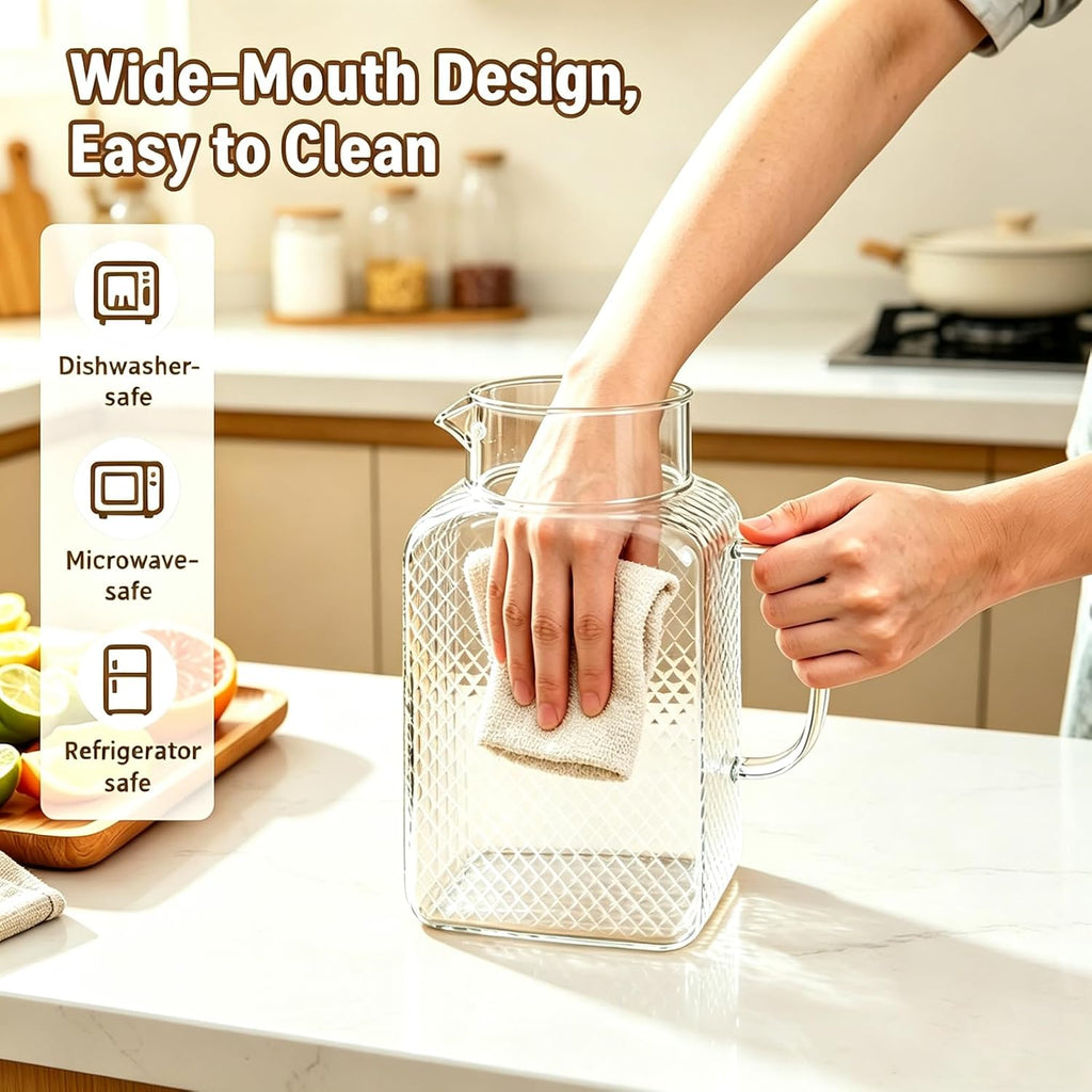 Glass Pitcher with Lid, 1 Gallon Glass Water Pitcher with Handle for