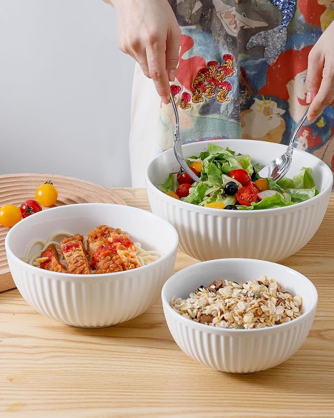 HASENSE Ceramic Ribbed Nesting White Bowls 1.5/1/0.5 Qt - Image 4