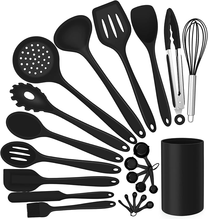 Silicone Kitchen Utensils Set, E-far 23 Pcs Black Cooking Utensils Tools by E-far