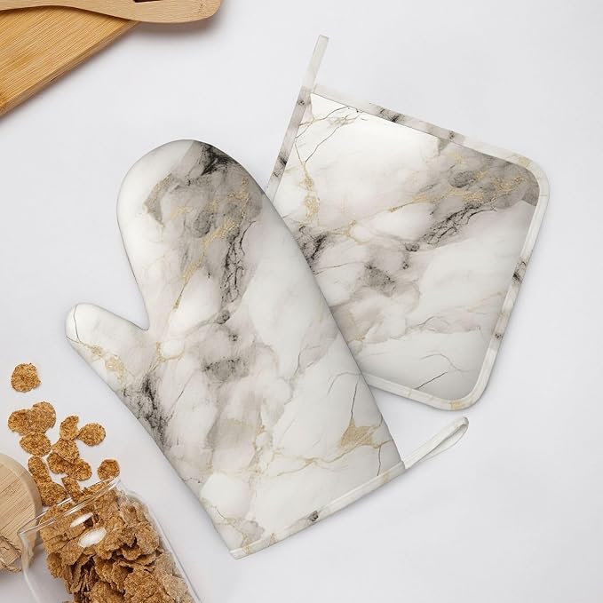 Oven Mitts and Pot Holders Set, Marble Pattern Gray White Silicone Kitchen - Image 6