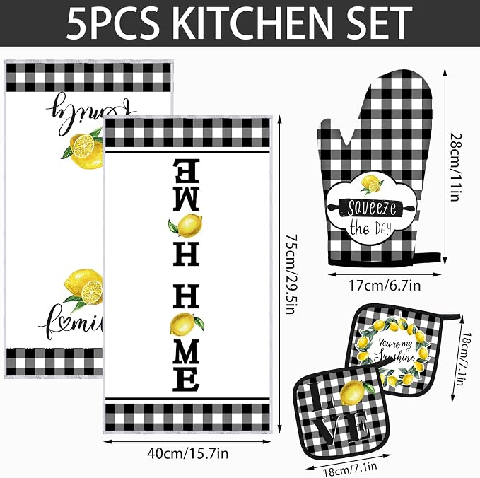 5 Pieces Buffalo Plaid Kitchen Towels Oven Mitts and Pot Holder Set Black and - Image 2