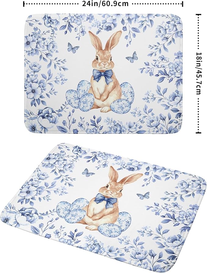 Easter Large Dish Drying Mat Blue Flower Rabbit Holiday Decorative Kitchen - Image 2
