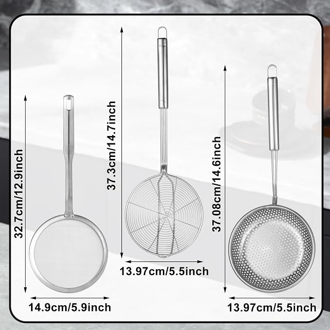 Spider Strainer & Skimmer Spoon Set, 3-Piece Stainless Steel Ladle Metal Wire - Image 3