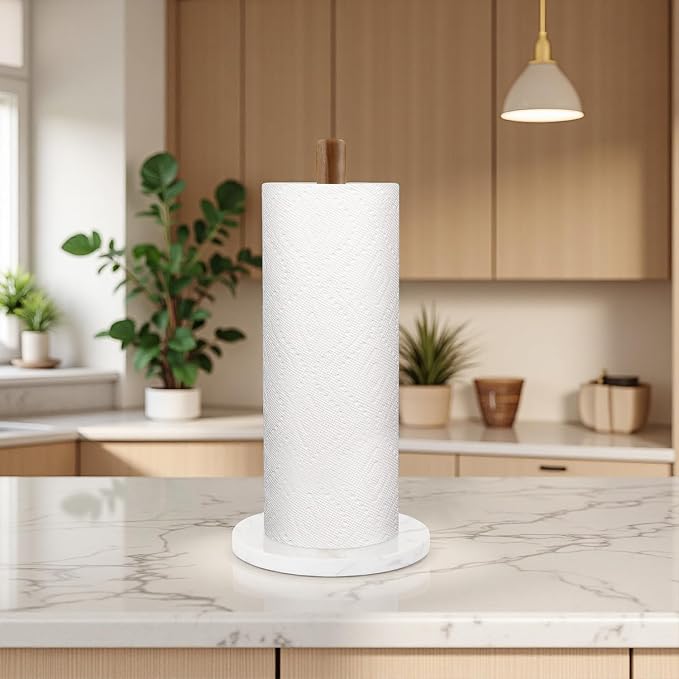 Buruis Wood Paper Towel Holder, Marble Base Modern Decorative Countertop - Image 2