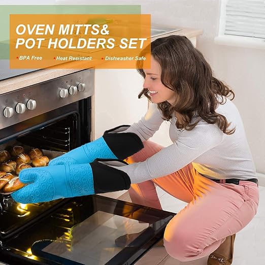Silicone Oven Mitts and Pot Holders Set, MTZRFLL Extra Long Heat Resistant Oven - Image 4