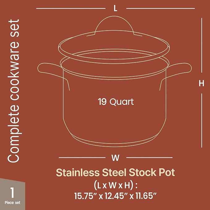 Stainless Steel Stockpot with Tempered Glass Lid 19 Quart, Durable 18/0 - Image 2