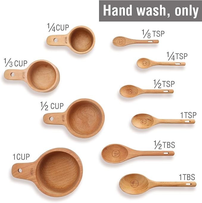 10 Piece Measuring Cups and Measuring Spoons Set, Handcrafted Wood Measuring - Image 3
