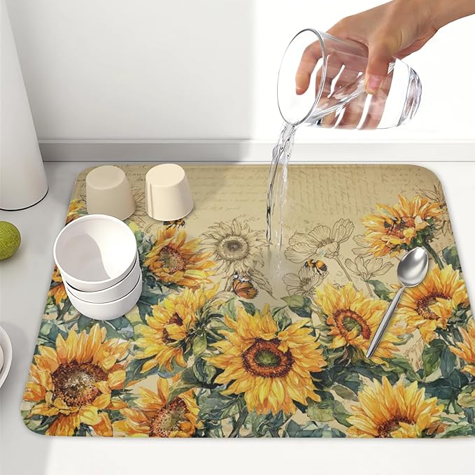 Sunflower Dish Drying Mat for Kitchen Counter Vintage Yellow Sunflowers - Image 6