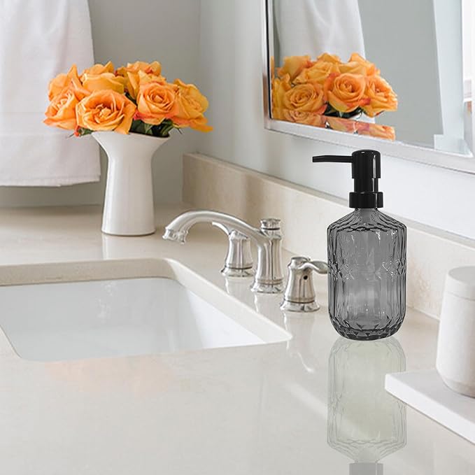 Grey Glass Soap Dispenser with Black Pump, 15oz Liquid Hand Dispenser, - Image 4