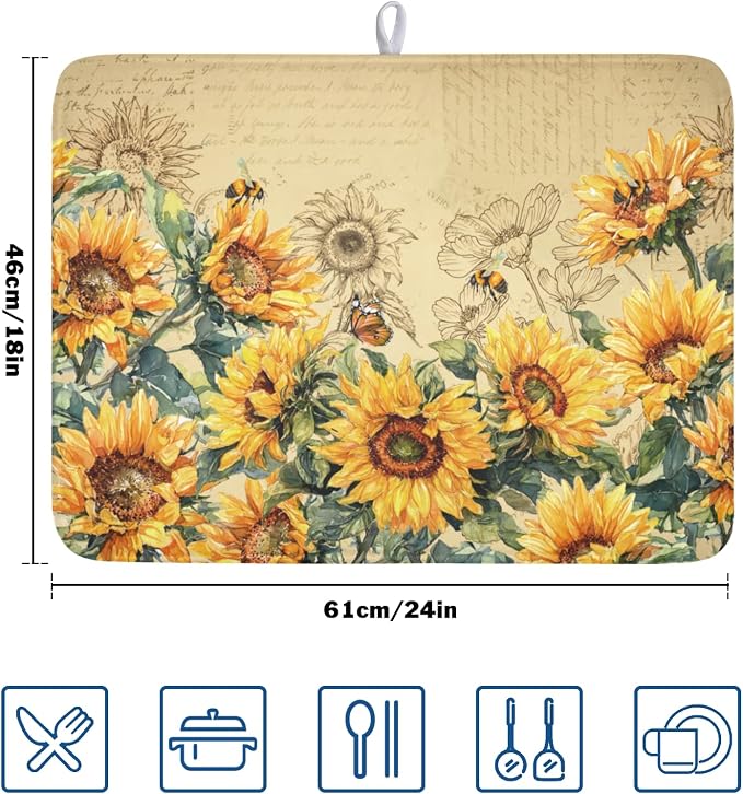 Sunflower Dish Drying Mat for Kitchen Counter Vintage Yellow Sunflowers - Image 2