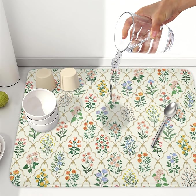 Floral Dish Drying Mat for Kitchen Counter Spring Summer Wild Flowers Diamond - Image 6