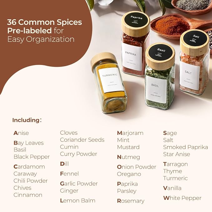 ComSaf Spice Jars with Label 4 oz 24Pcs, Glass Spice Jars with 6 Extra Shaker - Image 2