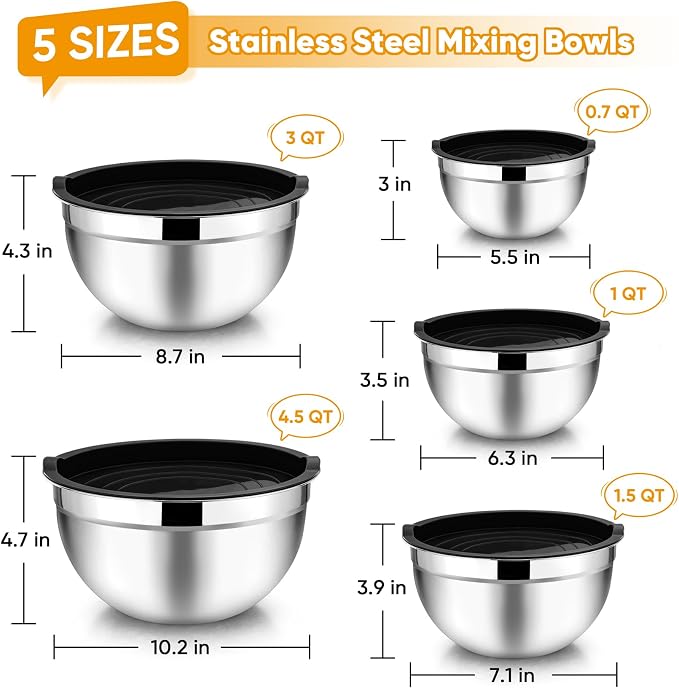TeamFar Mixing Bowl Set of 5, 4.5/3/1.5/1/0.7 QT, Stainless Steel Metal Nesting - Image 2