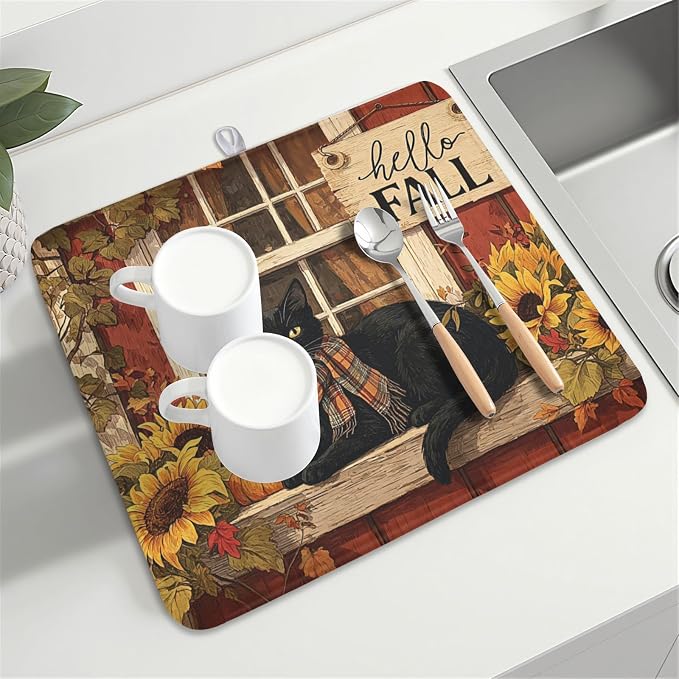 Fall Dish Drying Mat for Kitchen Counter Vintage Autumn Cat Sunflower Pumpkin - Image 8
