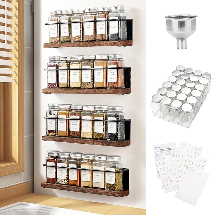 Magnetic Spice Rack with 24 Jars, 216 Labels, 1 Steel Funnel by KitHero