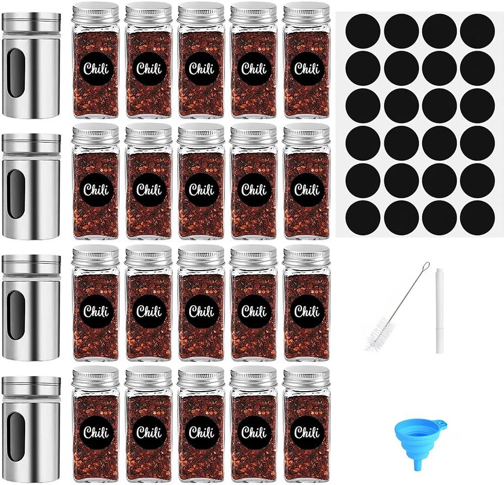 24 Pack Glass Spice Jars with Label, Empty Spice Bottles with Metal