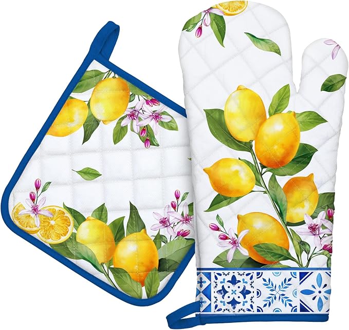 Summer Lemon Oven Mitts and Pot Holders Sets 2Pcs, 100% Cotton Heat Resistant by Arquiel