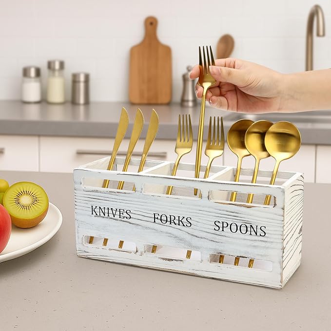 Farmhouse Wooden Utensil Caddy Party Cutlery Silverware Holder Small Wood - Image 6