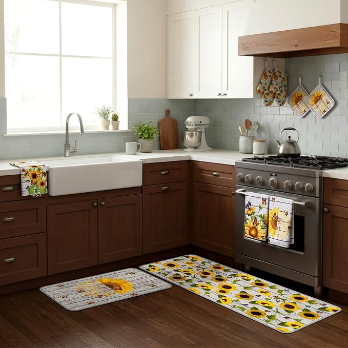 Fourluoo 10 Pcs Sunflower Kitchen Decor Set Butterfly Towels and Rugs Oven - Image 5