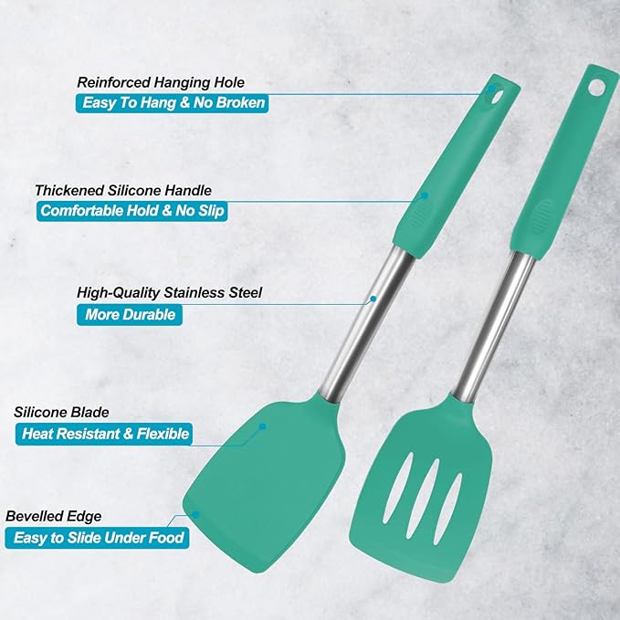 2 Pack Spatulas, Solid & Slotted Silicone Spatula Set, Stainless Steel Handle - Image 3