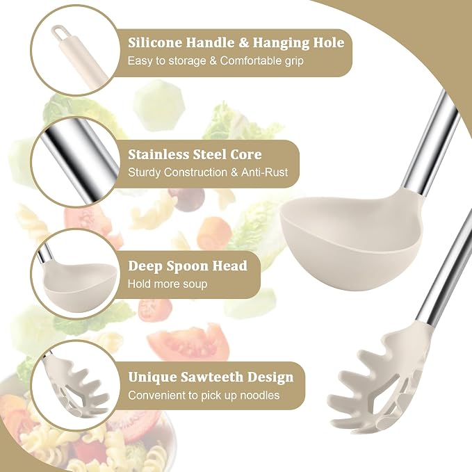 TeamFar Silicone Soup Ladle and Pasta Fork Set, Serving Soup, Non-Toxic & - Image 3