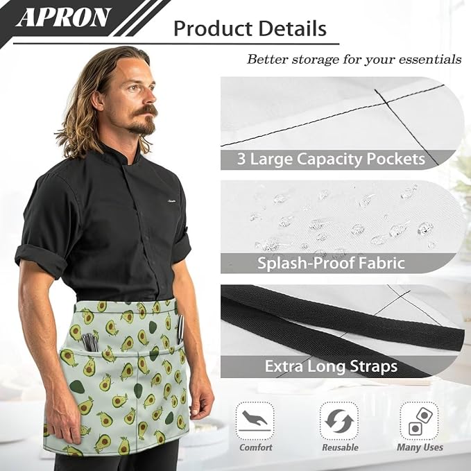 Server Apron with 3 Pockets, Waterproof Oil Waitress Waiter Half Apron - Image 7