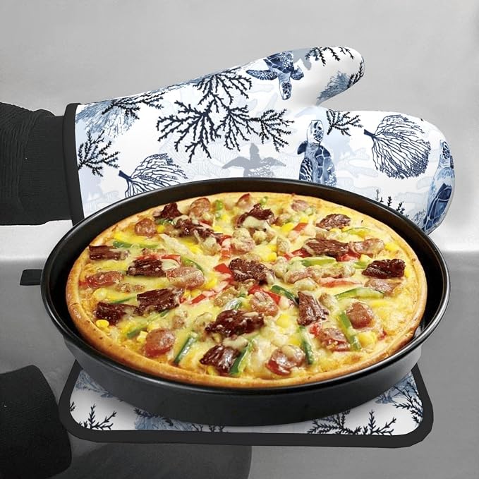 Navy Blue Ocean Sea Turtle Oven Mitts and Pot Holders Sets of 3, Heat Resistant - Image 4