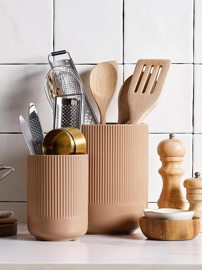 LE TAUCI Utensil Holder for Kitchen Counter, 7.3"+5.4" Fluted Ceramic Utensil - Image 3