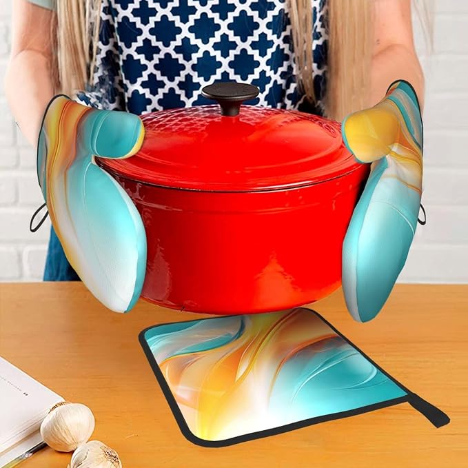 Turquoise Orange Abstract Art Oven Mitts & Pot Holders Sets of 3, Heat - Image 2