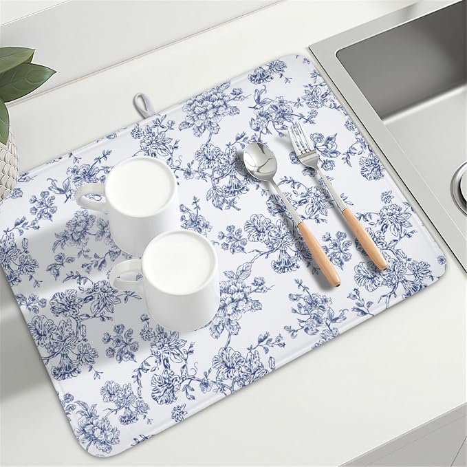 Blue Floral Dish Drying Mat for Kitchen Counter Chinoiserie Flower Microfiber - Image 8