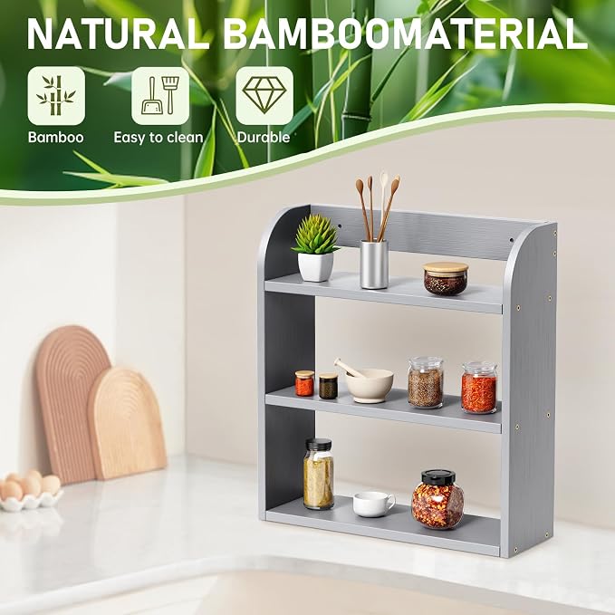 ROMGUAR CRAFT 3 Tier Bamboo Spice Rack, Countertop or Wall Mounting Wood Spice - Image 5