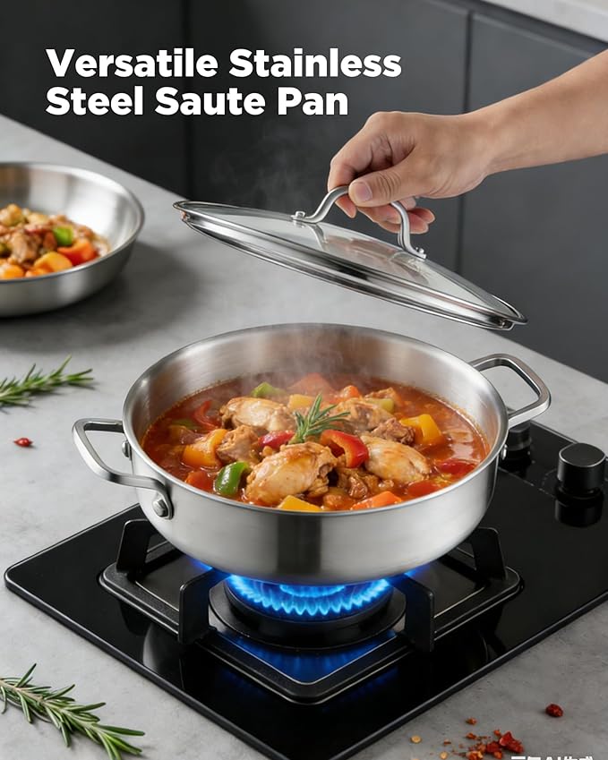 Saute Pan with Lid, 12 Inch 7QT Tri-Ply Stainless Steel Braiser Pan, Deep - Image 6