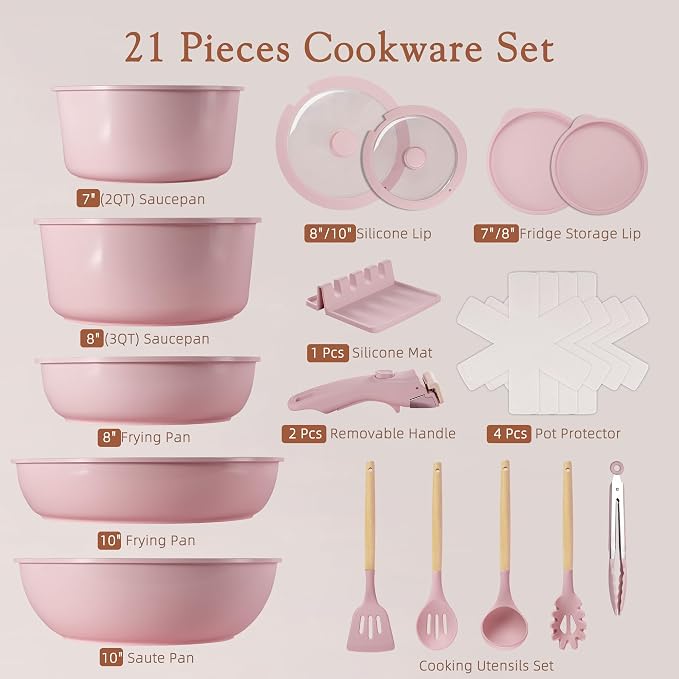 Astercook 21 Pcs Pots and Pans Set Non Stick, Ceramic Cookware Set Detachable - Image 9
