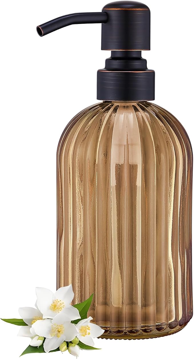 16 OZ Amber Glass Soap Dispenser, Amber Stripe Bathroom Hand Soap Dispensers by LEETCPHOME
