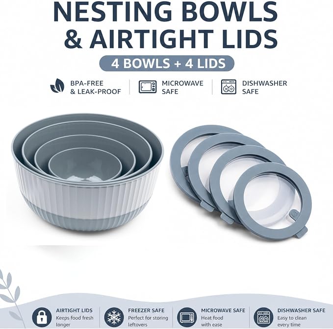Mixing Bowls with Lids, 8-Piece Airtight Leak-Proof Nesting BPA-Free Bowl Set - Image 2