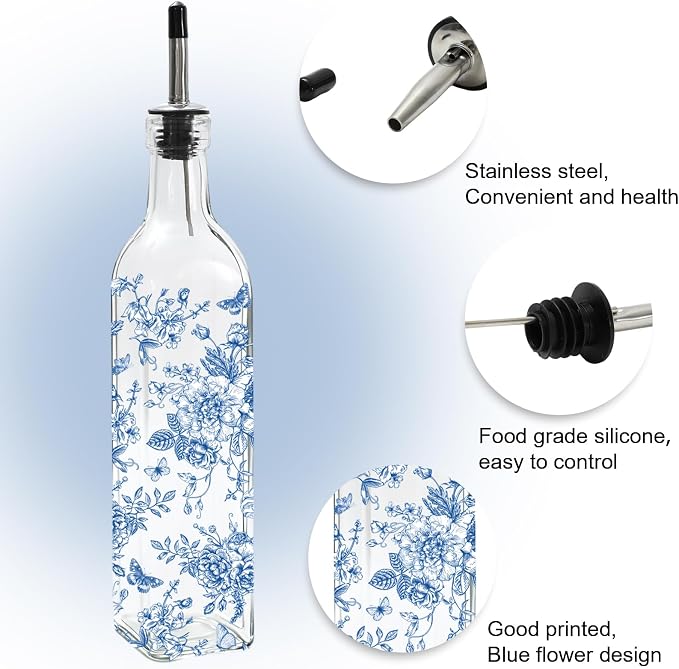 JarThenaAMCS Chinoiserie Olive Oil Dispenser Bottle Blue Floral Glass Cruet - Image 3
