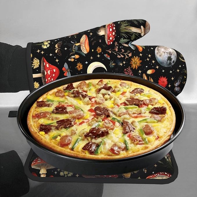 Cute Mushroom Oven Mitts and Pot Holders Sets of 3, Heat Resistant Black Hot - Image 3