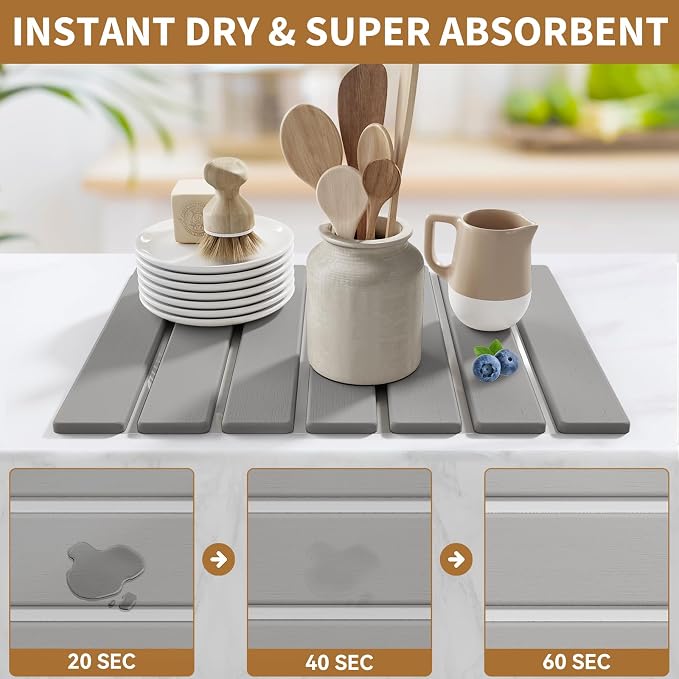 Stone Dish Drying Mat for Kitchen Counter, 15.5''x11.8'' Foldable Quick Dry - Image 3