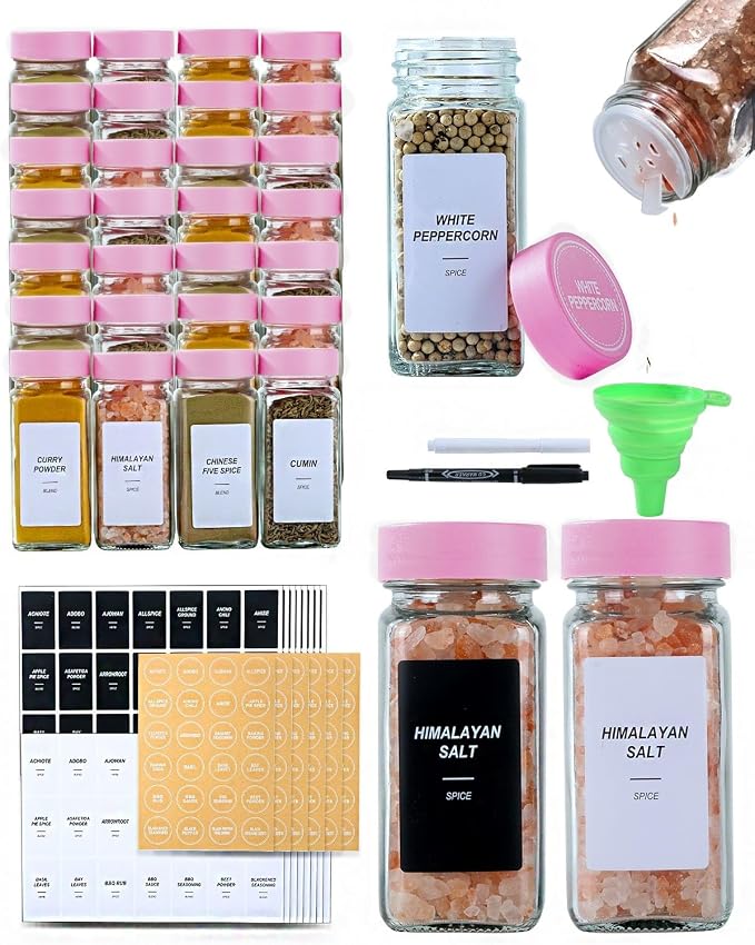36 Glass Spice Jars with Label-4oz Spice Containers with Pink Lids and Shaker by JARXSUN