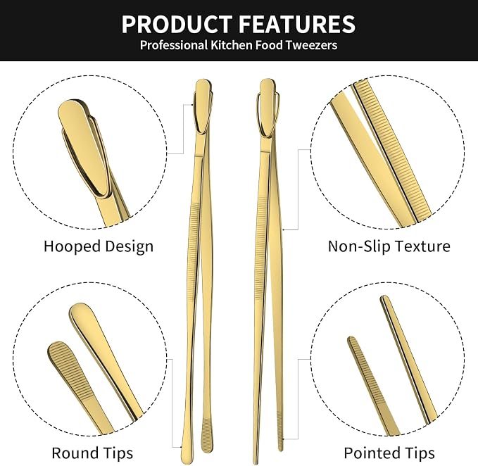 DEHOV 12 Inch Gold Stainless Steel Kitchen Tweezers - Image 2