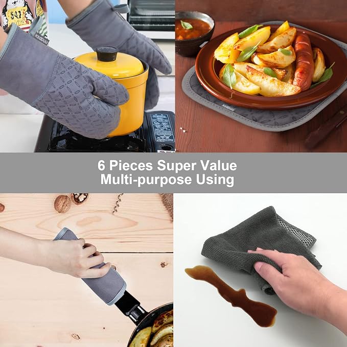 KEGOUU Oven Mitts and Pot Holders 6pcs Set, Kitchen Oven Glove High Heat - Image 6