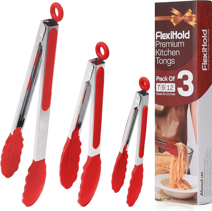 Pack of 3 Stainless Steel Kitchen Tongs by FlexiHold